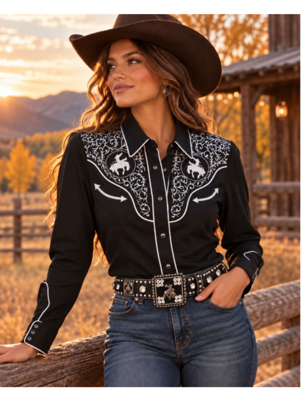 Vintage Roper Women Small Black Western Embroidered Rodeo Snap Shirt Satin Trim